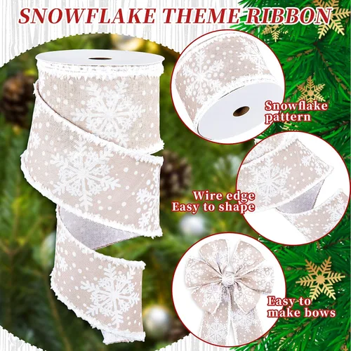 Miniatura 3 de Whaline Cinta de copo de nieve de Navidad con borde con alambre, cinta blanca de invierno de 2.5 pulgadas con rebabas, suave, rústica, natural