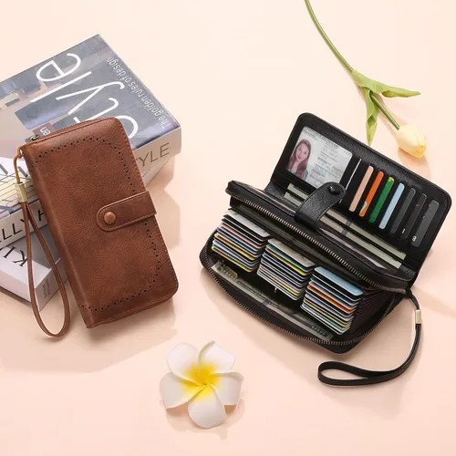 Miniatura 6 de GAEKEAO Leather Credit Card Holder Wallet for Women RFID Blocking Large Capacity Bifold Zipper Card Case Organizer with Wristlet 45 Slots