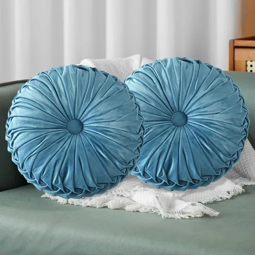 Miniatura 15 de HIG - Juego de 2 almohadas decorativas redondas plisadas, almohadas de calabaza de acento elegantes con botón central, almohadas de suelo