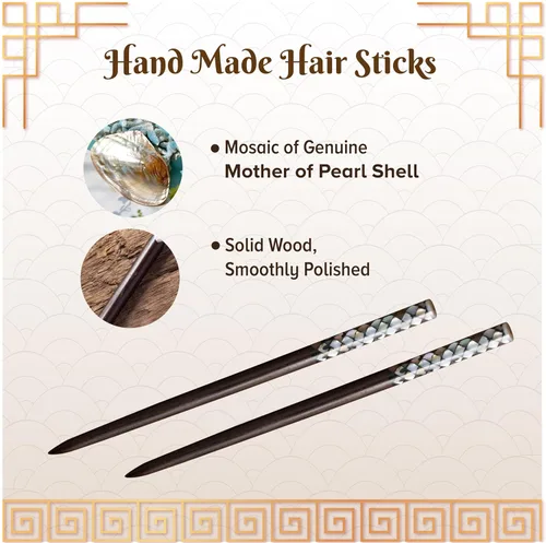Miniatura 3 de Palillos de madera para el cabello, cabeza de incrustación superior con nácar a mano, palillos decorativos únicos de madera, palillos de pelo