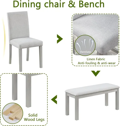 Miniatura 5 de LUMISOL - Juego de mesa de comedor de madera maciza con 4 sillas tapizadas y banco para cocina, comedor, sala de estar, gris plateado