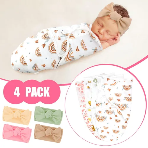 Miniatura 3 de Paquete de 4 Mantas Envolventes para Bebés Prematuros Recién Nacidos con Conjunto de Diadema, Manta Envolvente para Prematuros, Ropa de Bebé
