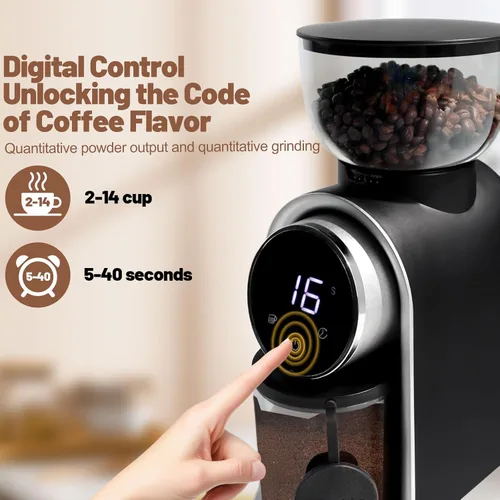 Miniatura 5 de Molinillo de café eléctrico con pantalla táctil, 2-14 tazas, molinillo de café cónico con 25 ajustes de molienda, cepillo de limpieza, molienda Negro