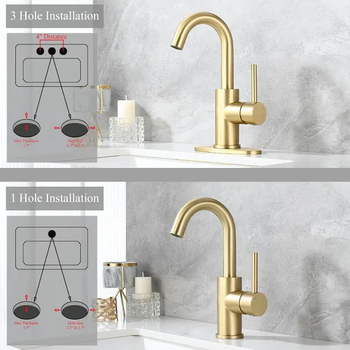 Miniatura 4 de Grifo de lavabo de barra dorado cepillado con placa de cubierta y líneas de suministro, de un solo agujero, de acero inoxidable, de un solo mango