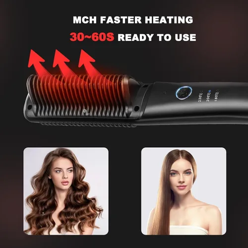 Miniatura 3 de Cepillo alisador iónico para cabello lacio o rizado, peinado suave, ligero peine caliente revestimiento de cerámica de doble voltaje, herramientas