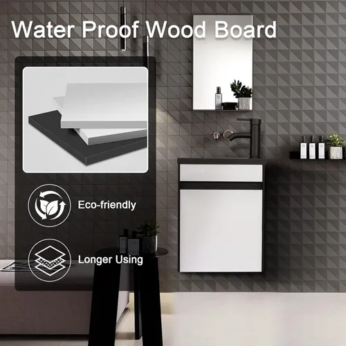 Miniatura 3 de UEV Tocador de baño pequeño de 16 pulgadas, mezclado en blanco y negro, montado en la pared con fregadero de cerámica y grifo negro esmerilado P-Trap
