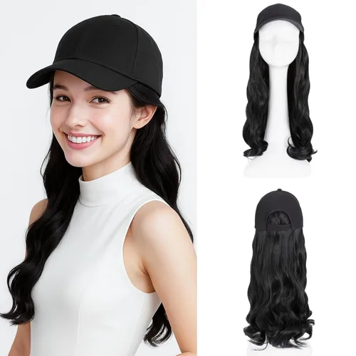 Miniatura 34 de SEGO - Peluca de gorra con pelo adjunto para mujer, gorra negra de béisbol con extensiones de pelo, gorra de béisbol larga y ondulada con ajuste