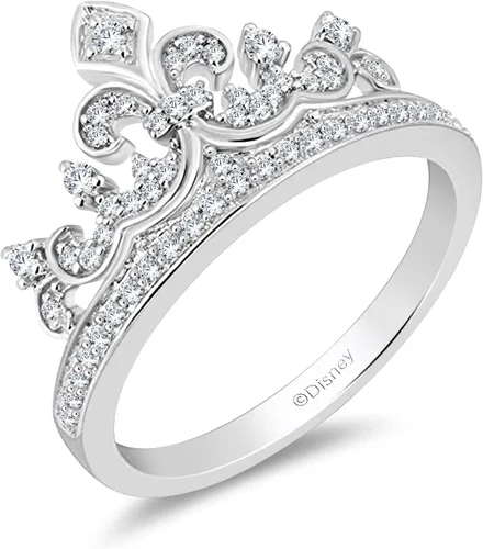 Jewelili Enchanted Disney Fine Jewelry - Anillo de plata de ley de 1/4 Cttw Princess Disney Crown Ring