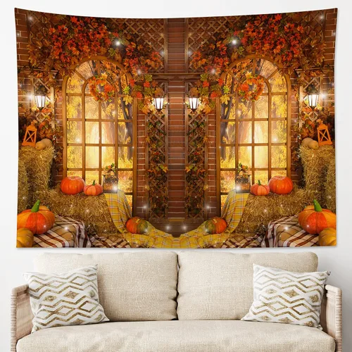 Miniatura 10 de HVEST Tapiz de bosque otoñal para colgar en la pared, hojas de arce naranja y sol, tapiz para colgar en la pared, tapiz de hojas de árbol de otoño