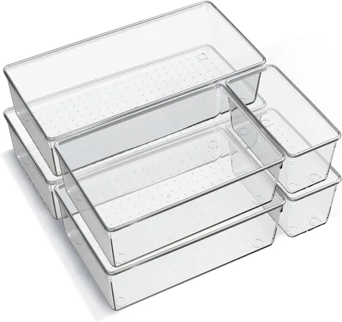 Paquete de 6 bandejas organizadoras grandes de plástico transparente, separadores de almacenamiento y organización de cajones de cocina de acrílico,
