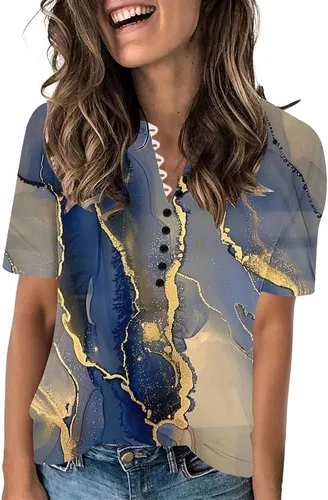 Miniatura 124 de Summer Shirts for Women 2025 Plus Size Short Sleeve Henley Tops Marble Floral Loose Tshirt Tee Casual Dressy Tunics