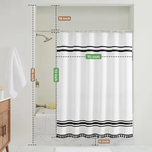 Miniatura 7 de Seasonwood Cortina de ducha en blanco y negro, cortina de ducha a rayas para baño, cortinas de ducha bohemias con borlas, cortinas de baño modernas
