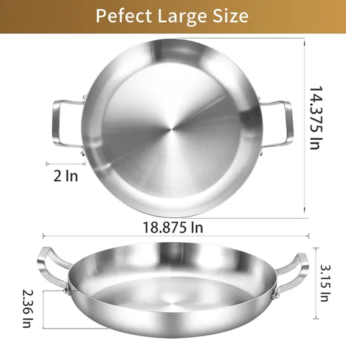 Miniatura 6 de Inqibee Paella de acero inoxidable de tres capas de 14 pulgadas, sartén grande, sartén grande, sartén grande, cocina jumbo, utensilios de cocina
