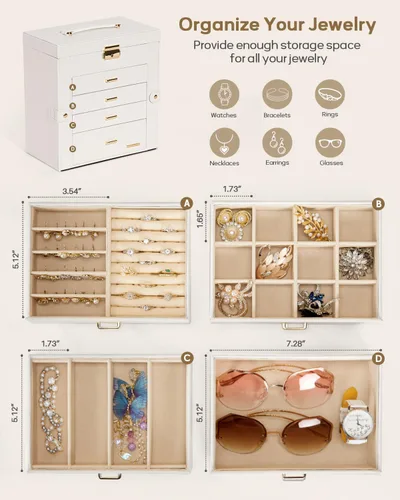 Miniatura 21 de Homde Regalos de Navidad de cuero sintético, enorme joyero, organizador de reloj con espejo, collar, anillo y aretes, estuche de regalo con Dorado