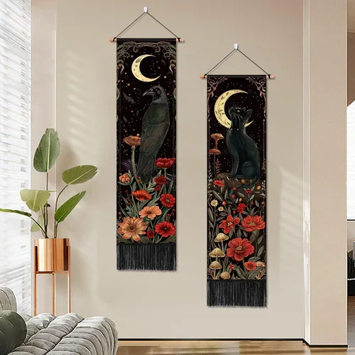 Miniatura 6 de ARTCREATOR Paquete de 2 tapices verticales góticos de decoración de pared oscura caprichosa, diseño de cuervo de gato negro, místico, luna bruja