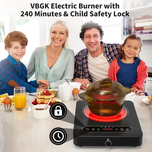 Miniatura 2 de VBGK Cocina eléctrica de un solo quemador, 110 V 1800 W con controles táctiles LED y controles de perilla, 10 niveles de potencia, temporizador de 4