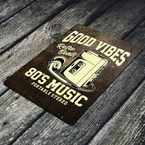 Good Vibes Retro Beats 80's Music Portable Stereo 12 X 8 Metal Tin Sign Decor Vintage Band Rock Drum Punk Pop Guitarra Metal Country Music