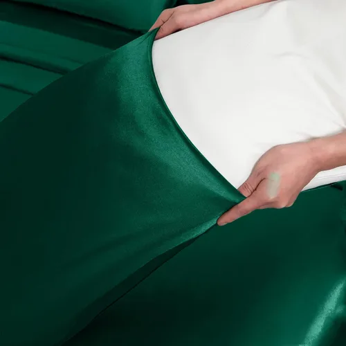Miniatura 7 de Homiest Juego de sábanas de satén, tamaño matrimonial, 7 piezas de ropa de cama de satén en verde negruzco, sábana bajera de bolsillo profundo