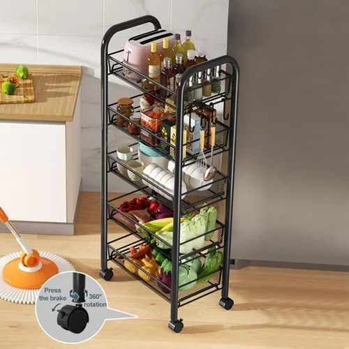 Miniatura 4 de Carrito de metal para frutas y verduras de 5 niveles, cesta giratoria para productos, carrito de almacenamiento de productos alimenticios, carrito