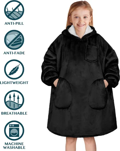 Miniatura 5 de PAVILIA Manta de vestir para niños y niñas, cálida y acogedora sudadera con capucha gigante con dos bolsillos, forro polar Sherpa con capucha