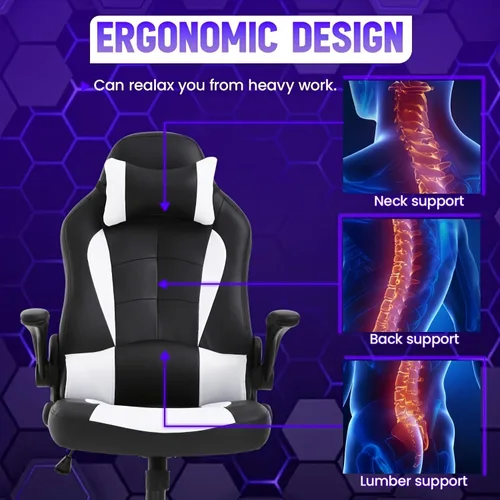 Miniatura 3 de Silla de juegos para PC, silla ergonómica de oficina de masaje ajustable en altura con giro de 360 grados, asiento ancho y reposacabezas