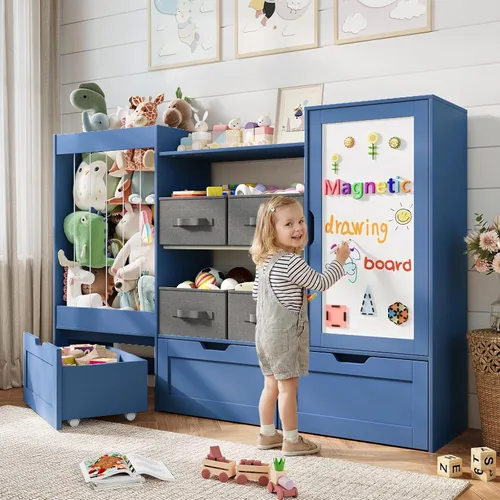 Miniatura 9 de Organizador de almacenamiento de juguetes para niños de 61 pulgadas de ancho con almacenamiento de animales de peluche, 3 cajones de almacenamiento