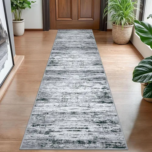 Miniatura 96 de Lansny Alfombra moderna abstracta de 2 x 5 pies, color negro, gris, blanco, lavable, alfombra de entrada para cocina, alfombra antideslizante suave