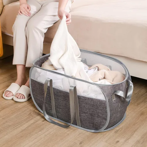 Miniatura 2 de Cesta de lavandería desplegable, de malla, con correas extendidas para los hombros, asas resistentes y tela catiónica de primera calidad (gris)