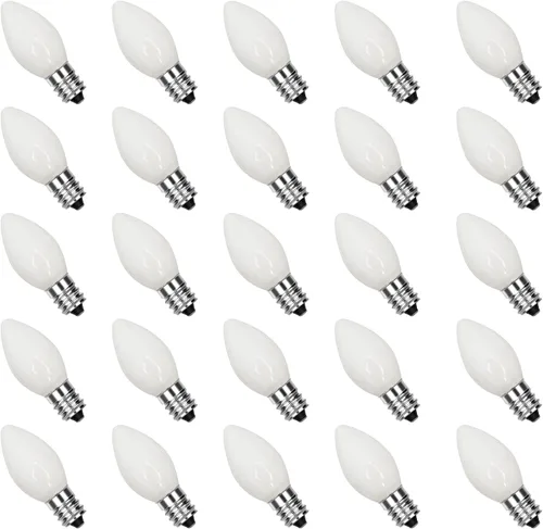 Miniatura 27 de Paquete de 25 bombillas LED transparentes C7, bombillas de repuesto de Navidad con base de candelabro E12, bombillas blancas cálidas inastillables