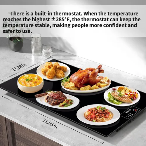 Miniatura 5 de Bandeja de calentamiento eléctrica, L, 22 x 14 pulgadas, alfombrilla de calentamiento de vidrio templado para alimentos, color negro Keep Food