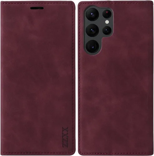 Miniatura 12 de ZZXX Funda tipo cartera para Samsung Galaxy S22 Ultra con bloqueo RFID, ranura para tarjetas, función atril, magnética, de piel suave, para Samsung