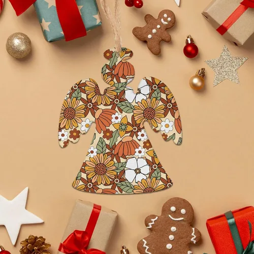 Miniatura 4 de 70s Retro Floral Flower Wooden Christmas Ornaments with Twines Holiday Hanging Decorations Angel Shapes Wood Slice Ornaments for Christmas Tree