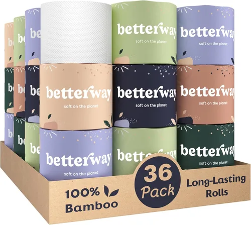 Betterway Papel higiénico de bambú de 3 capas, papel higiénico sostenible, 36 rollos orgánicos de larga duración y 360 hojas por rollo, seguro para