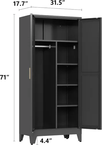 Miniatura 3 de Armario de metal guardarropa con barra para colgar, gabinete de armario de metal de 71'' con 2 puertas y 4 estantes ajustables, armarios