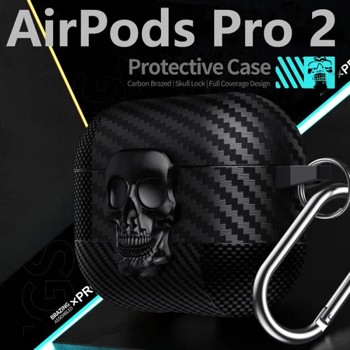 Miniatura 2 de Funda para AirPods Pro de 2ª generación, calavera con cerradura y llavero para hombres, divertida fibra de carbono de cuerpo completo, a prueba