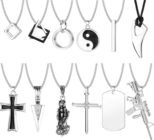 FIASASO Juego de 12 collares con dije de acero inoxidable para hombre, collar gótico genial, cruz gótica, placa de perro Yin Yang, triangular, juego