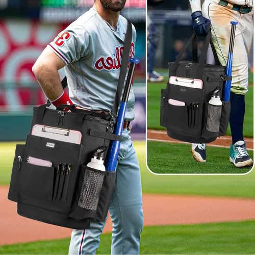 Miniatura 5 de Goburos Cubo de pelota de béisbol con gran capacidad, bolsa de entrenador de sóftbol con parte inferior antideslizante de EVA, espacio para bate