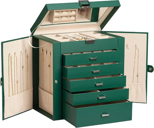 Frebeauty Joyero grande, organizador de joyas de piel sintética de 6 niveles con cerradura, estuche de almacenamiento multifuncional con espejo,