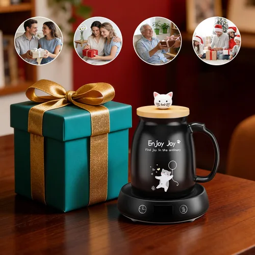 Miniatura 6 de Calentador de taza de café con bonito juego de tazas de gato, calentador eléctrico de 8 horas de apagado automático para escritorio, oficina, hogar