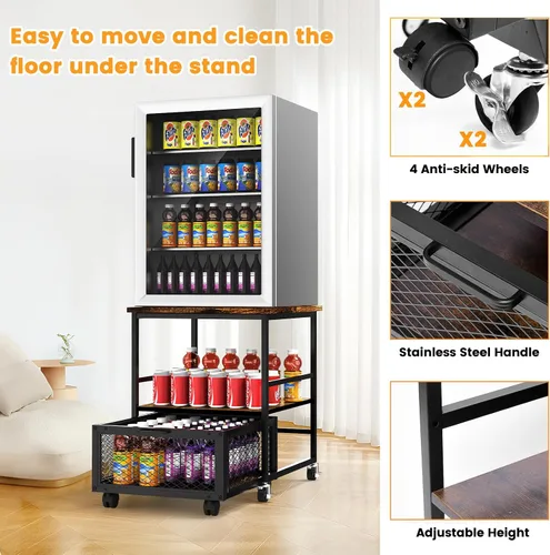 Miniatura 6 de Mini soporte móvil para refrigerador de 19.7 x 19.7 pulgadas con 3 almacenamientos, mesa pequeña para refrigerador de bebidas con ruedas, carrito