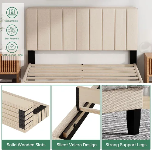 Miniatura 4 de Base de cama tamaño Queen con cabecera tapizada, base de cama de plataforma con cabecera suave de lino de altura ajustable, 10 piezas de soporte