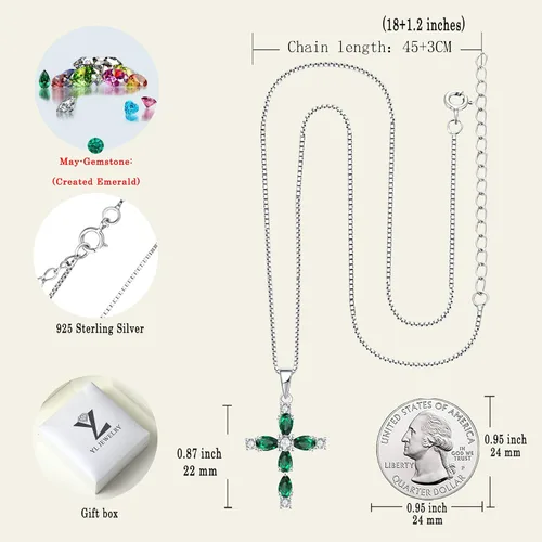 Miniatura 121 de YL Collar de cruz de plata de ley 925 con colgante de piedra natal religiosa para mujer