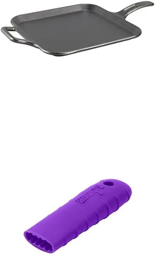 Miniatura 3 de Lodge BOLD Plancha cuadrada de hierro fundido sazonado de 12 pulgadas + soporte de silicona Lodge BOLD para mango caliente, color gris ceniza