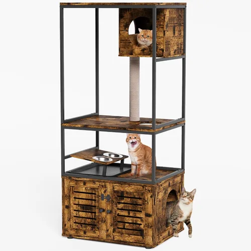 Miniatura 2 de Lamerge Árbol para gatos con caja de arena, caja de arena grande todo en 1, condominio para gatos con postes rascadores y cuenco de alimentación