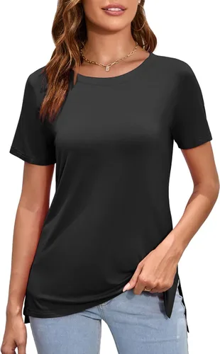 Miniatura 2 de Herou - Camisetas de manga largamanga corta para mujer, estilo informal, con división lateral