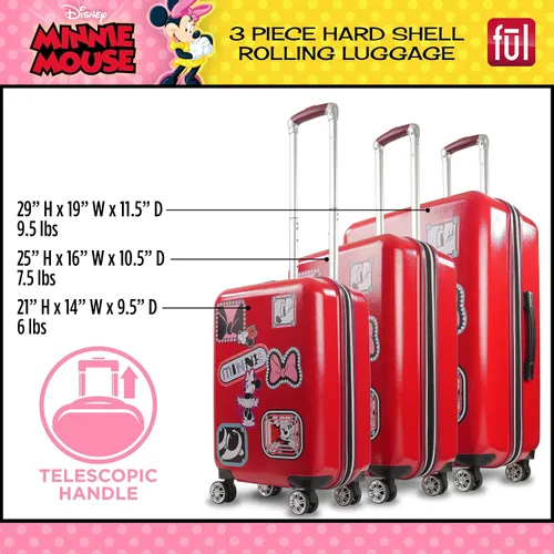 Miniatura 2 de FUL Disney Minnie Mouse Patchwork - Juego de equipaje con ruedas de 3 piezas, maleta rígida con ruedas, 21, 25 y 29 pulgadas, color rojo, Rojo