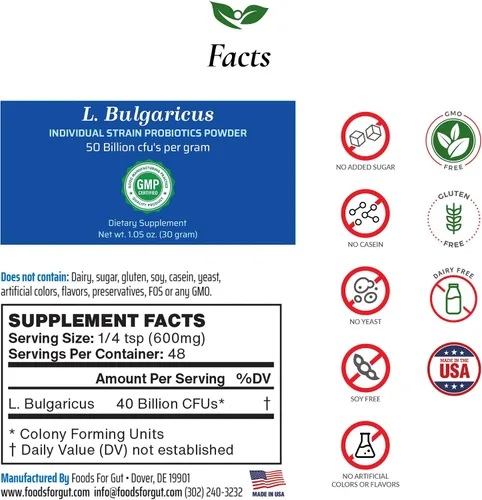 Miniatura 2 de Foods For Gut Lactobacillus Bulgaricus Probiotic Powder 50 mil millones de ufc Fabricado en Estados Unidos Sin aditivos Apoyo digestivo e