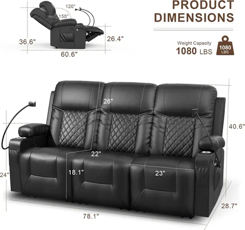 Miniatura 2 de FURNIMAT Sofá reclinable, sofá reclinable doble de 3 asientos, sofá biplaza de piel sintética, moderna silla reclinable para sala de estar, con Negro