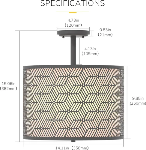 Miniatura 5 de Inlight IN-0347-3-BK - Lámpara de techo semiempotrada de 3 luces de 14 pulgadas de ancho con marco de metal negro y pantalla de tela blanca