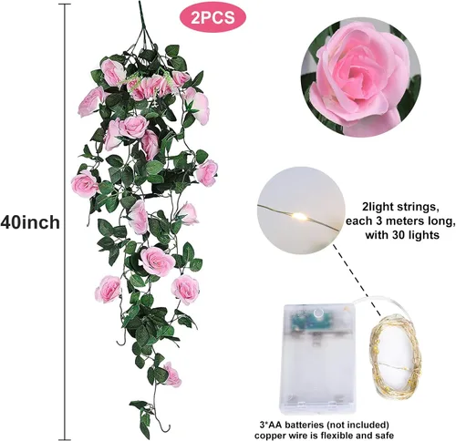 Miniatura 2 de RECUTMS Flores Colgantes Artificiales de Rosa 2 Piezas 1 Metro para Exteriores con 30 Luces de Hadas LED en Forma de Cadena Falsa para Exteriores